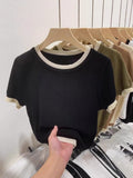 2025 Summer Korean Version Of Knitted Shirt Short Sleeve New Round Collar Bumpy Color Slim Top Women's Style Bottom Shirt