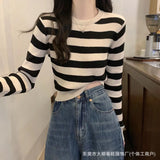 Round Collar Hooded Striped Long-Sleeved Knitted Shirt Women's Autumn And Winter Women's New Slimming Inside And Bottom Shirt Top