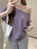 French Oblique Knitted Bat Sleeve T-Shirt For Women's Summer Pure-Willed Loose Short-Sleeved Ins Sexy Out-To-Shoulder Bottom Top