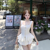 Double Zipper White Square Collar Knitted Sling Vest For The Summer To Close The Waist Without Sleeves To Wear A Short Blouse