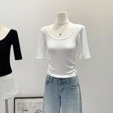 Purely Sexy Slime U-Neck Shoulder Short-Sleeved T-Shirt Commuting Summer New Thin Luxury High-End Feel Blouse