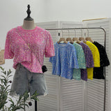 Pink Sequin Short Sleeve T-Shirt 2025 Spring And Summer Korean Version Of Loose Night Club Bling Top 9088