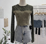 Real Shooting Hottie Letter-Print Mesh Spliced Cowboy Long-Sleeved Bottom Shirt Blouse Short T-Shirt Girl 2623