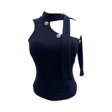 Real Shooting Hanging Neck Small Sling Vest Outside Wearing Brooch Knitting Elastic Shoulder Ribbon Hottie Top 1052