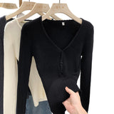 2026 Early Spring French Pure Lust Wind V-Neck Knitted Shirt Girl New Soft-Castic Elastic Repair Inside The Bottom Blouse