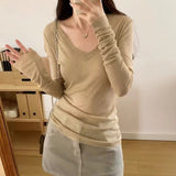 Smashing Hottie Thin Long-Sleeved Knitted Shirt Girl Early Autumn New Design Sense V-Neck T-Shirt Put On The Dress