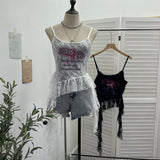 Real Shooting 2025 Summer New Women's Fashionable Lace Letter Print Sling Vest Ribbon Ribbon Ribbon Sleeveless Top 1193