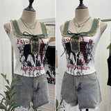 Real Shooting Hottie Hairy Denim Spliced Printed Vest With Bows Short Sleeveless Top 8926