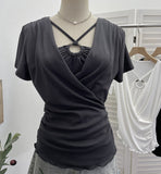 Real Shooting Cross-Design Hanging Neck Beads Folded Emptiness T-Shirts For Women's Sense Of Fake Two-Piece Top 27671