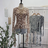 Double-Layer Mesh Lattice Waist Fold Irregular Hem With Long-Sleeved Top Repair T-Shirt 15671