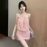 Holiday Style Solid Color High-End Hanging Neck Mesh Yarn Splicing Dress Women Summer Waist Sexy Hot Girl Ass Skirt