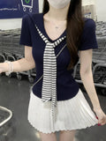 Korean Version Of The College Wind Navy Collar Stripe + Ribbon With Short-Sleeved T-Shirt Women's Summer Heart Machine V Collar Straight Shoulder Chic Top