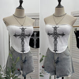 Thorn Cross Print Chest Vest Sling Female With Chest Cushions Anti-Slip Strip Short Babes Top 1298