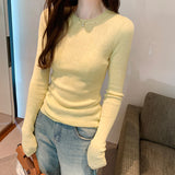 Threaded Slimmed Head Bottom Knitted Shirt Women Autumn 2025 New Round Collar With Shoulder Long Sleeve Top