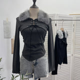 Real Shot Hair Splicing Tie With Fake Two Long-Sleeved T-Shirt Blouse Irregularly Short-Hitting Shirt23009