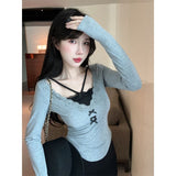 Pure Hot Girl Sexy Hanging Neck Top Girl Autumn And Winter Holiday Two Long-Sleeved T-Shirt High-End Lace Bottom Shirt