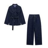 Spring 2025 New Women's Loose Strapped Casual Denim Jacket Straight Jeans Set