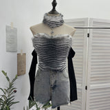 Real-Patrowing High-Necked Sexy Leopard-Print Hair Spliced Hanging Neck Long-Sleeved T-Shirt Repair Short Top 28111