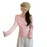 Pink Hanging Neck Sling Fake Two Ragged Long-Sleeved Knitted Shirt Women Early Autumn 2025 New Word Shoulder-Lved Shoulder Coat
