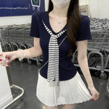Korean Version Of The College Wind Navy Collar Stripe + Ribbon With Short-Sleeved T-Shirt Women's Summer Heart Machine V Collar Straight Shoulder Chic Top