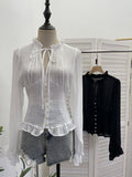 Real Shooting Retro Texture V Tie With Bubble Long Sleeves To Close Waist Folded Shirt Single Buckle Repair Body 23775