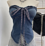 Real Shooting Denim Bra Vest Bump Color With Bow Wood Ear With Chest Cushion Short Sleeveless Top 2866