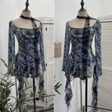 Real Shooting Retro Y2k Hot Tatry Lattice Lattice Mesh Splicing Lace Collar T-Shirt Irregular Ribbon Clothing 8078