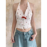 2025 Spice Girls New Summer French V-Neck Hanging Neck Cherry Dress Skirt Open-Back Slings