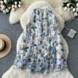 Net Yarn Half Dress Women's Autumn And Winter New High-Rise Thin Three-Dimensional Flower Embroidery Slid A Word Swing Skirt Dress Skirt