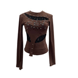 Punk Vintage Hottie Long-Sleeved T-Shirt Girl Autumn Lace Rivet Design Sense Thin Top 1358