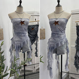 Star Embroidered Babes Style Print Tector Tector Tector Tector Vest Ribbon Short Sleeveless Top 1290