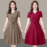 Middle-Middle-Age Women 2026 Summer New Gas Dress Short-Sleeved Temperament Pure Mother Dress Tie With Thin Waist