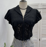 Real Shooting Short-Scuffed Lace Fish Bone Shirt For Girls Summer Babes Short-Sleeved Collared V-Neck Blouse 23715