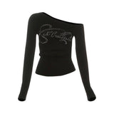 Thailand Southeast Asian Trend Temperament Hot Girl Style Black Hot Diamond Long Sleeve T-Shirt Women Collar Off Shoulder Repair Body