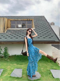 Holiday Style Retro Floral Sling Dress Women's Summer Design Irregular Dress To Collect Waist Thin A Skirt