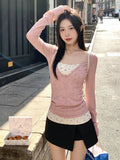 Korean Sweet Lace Broken Flower Fake Two Long-Sleeved T-Shirt Women Early In The Spring To Put On A Shirt Slim Thin Top