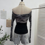 The Real Shot Of The Hottie Shoulder Mesh Hot Diamond To Receive The Belt Strap Horn Long Sleeve Top Short T-Shirt 2760