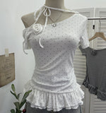 Real Shooting Pop Point Tie With Hanging Neck Slanted Shoulder Short Sleeve Blouse With Elastic Short T-Shirt Girl 2850