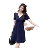 2026 New Large-Size Blue V-Neck French Waist Polo Dress Women's Summer Dress Fat Mm Thin