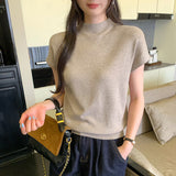 Simply Wind Half-High Collar Sleeveless Knitted Shirt Women's Summer Slim Design Sweater Waist High-End Feel Top