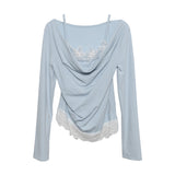 Y01 Autumn Fake Two Lace Lace Collar Folding Long Sleeves Slimming Bottom T-Shirt Blouse Female 2532