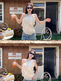 Pink Oblique Shoulder Flower Chiffon Top Female Summer Korean Design Sweet Little Man Multi-Layer Lotus Leaf Side Vest