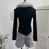 Real Shot Hair Splicing Tie With Fake Two Long-Sleeved T-Shirt Blouse Irregularly Short-Hitting Shirt23009