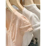 French Romantic Style V-Neck Short-Sleeved T-Shirt For Women's Spring New Lace Tie With Slim Top