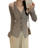 Korean Gentle Windwood Ear V-Neck Long-Sleeved Knitted Cardigan Woman 2025 New Beautiful Small Top