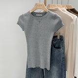 Spring And Summer New Leisure Round Collar Solid Color Repair Elastic Knitting T-Shirt Girl