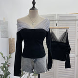 Real Shot With Chest Pad Mesh Splicing V-Neck Long Sleeve Bottom Shirt T-Shirt T-Shirt-Dressed Short-Sized Two-Piece T-Shirt Girl 2806