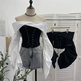 Vintage Shoulder Camouflage Long Sleeve Splicing Rope Tie With Waist Shirt Folded Top 2767
