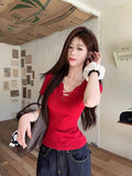 Large-Size Strapped V-Necked Shoulder Short-Sleeved T-Shirt For Women's Summer Sweet Spicy Breeze Slim Slim Slim Design Short-Sized Top