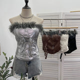 Real Shooting Retro Pu Skin Spliced Hair Bra Bra Strap Chest Punk Hottie Skin Buckle Waist Short Top 2781